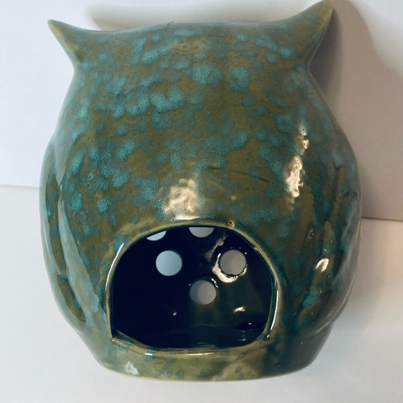 Cute Glazed Ceramic Owl 6” Tall Tea Light Votive Candle Holder Green Turquoise - Picture 4 of 6